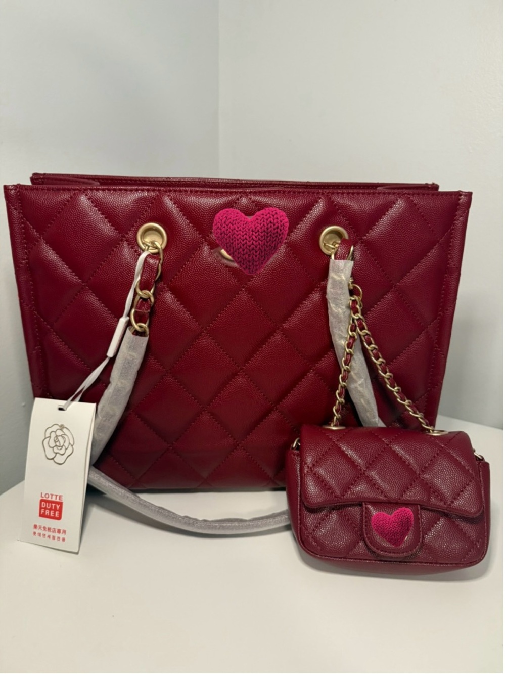 Dark Red Quilted Tote Bag with Matching Mini